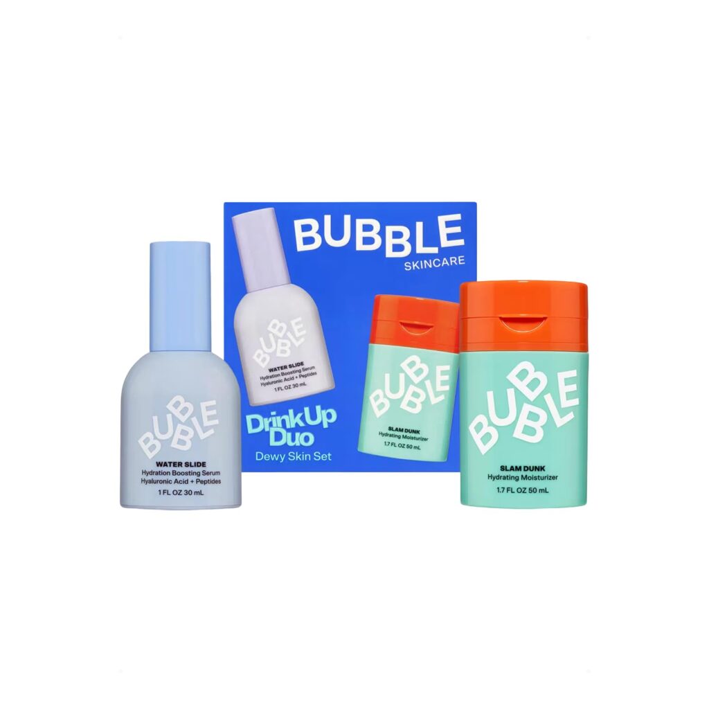 A Bubble Skincare Drink Up Duo set featuring a blue Water Slide serum bottle, an orange and teal Slam Dunk moisturizer bottle, and the product packaging box—perfect for snagging during Tuesday Deals.