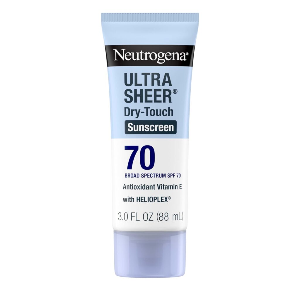 A tube of Neutrogena Ultra Sheer Dry-Touch Sunscreen SPF 70, featuring antioxidant Vitamin E and Helioplex, in a 3.0 fl oz (88 mL) size. The tube is light blue with black and white labeling.