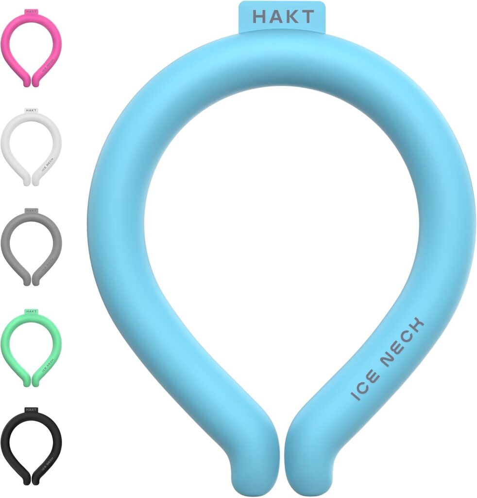 Five horseshoe-shaped cooling neck rings in different colors (white, gray, green, black, blue). The blue ring in the center has "HAKT" and "ICE NECK" printed on it.