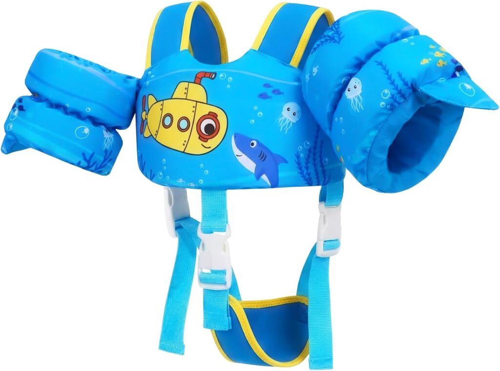 Blue child’s swim vest with attached arm floaties, featuring a yellow submarine, fish, and jellyfish illustrations. The vest has adjustable straps and safety buckles at the bottom.