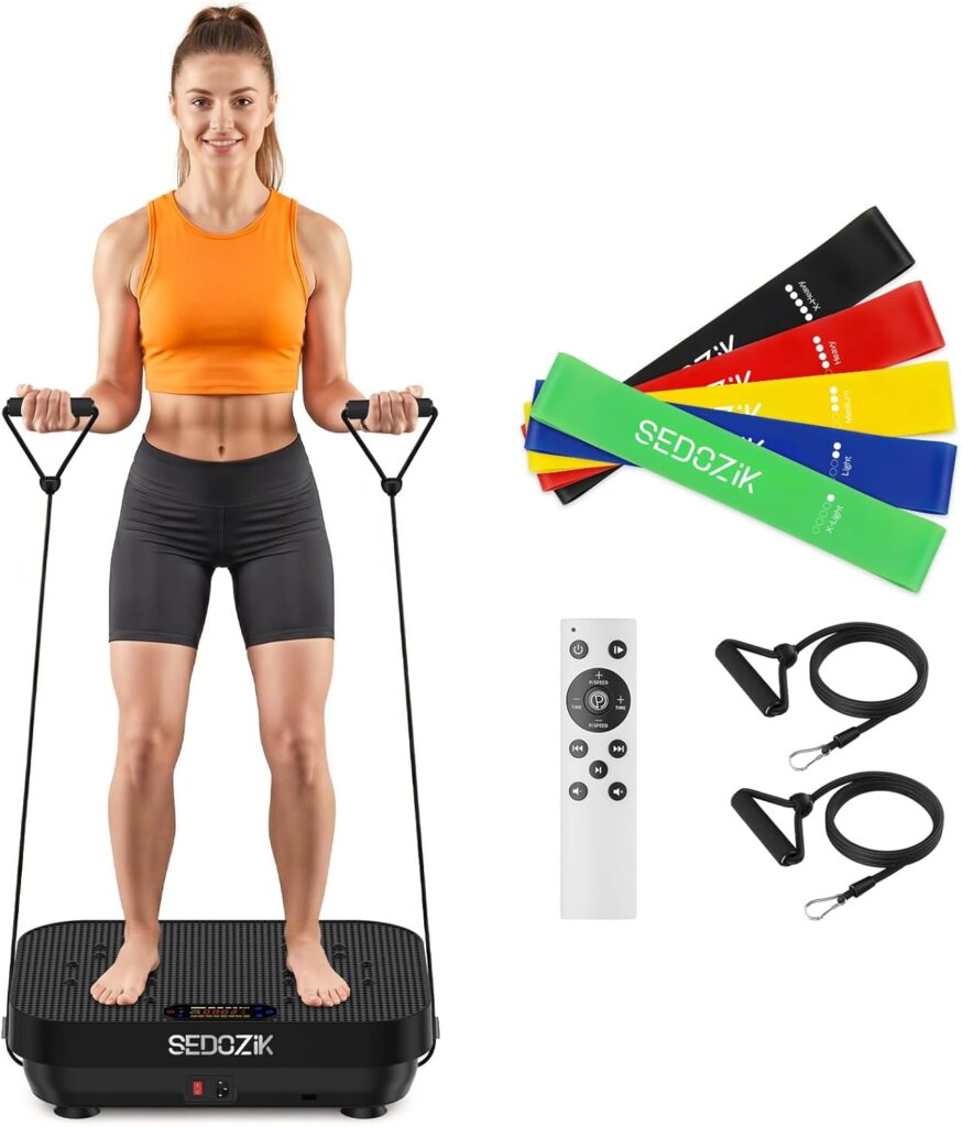 A woman in an orange sports bra and black shorts stands on a Vibration Plate exercise machine holding resistance bands. Nearby are four colorful resistance bands, two strap attachments, and a white remote control—now 62% off.