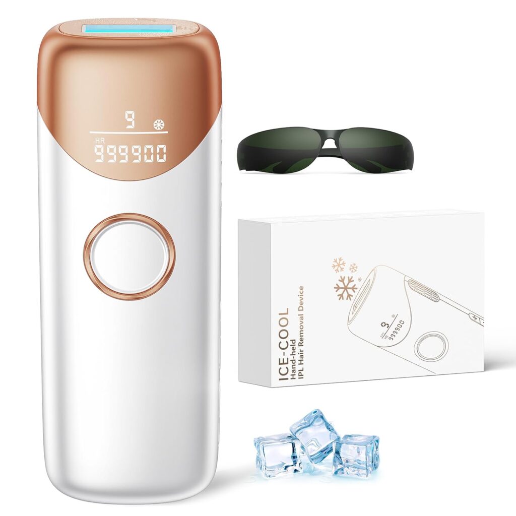 White and gold handheld IPL hair removal device with digital display, shown with a pair of protective sunglasses, a product box, and three ice cubes.
