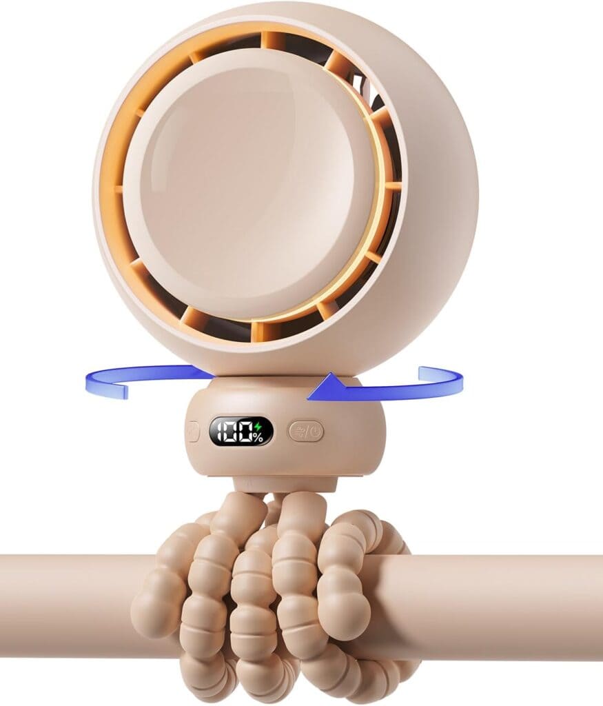 A beige, spherical portable fan with a digital display is attached to a bar using flexible, segmented legs. Blue arrows indicate the fan's rotation. The display shows a battery icon with a 91% charge.