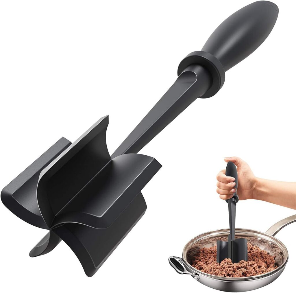 A black ground meat chopper with a non-slip handle is shown above a hand using it to break up cooked meat in a frying pan—perfect for snagging during Friday Deals.