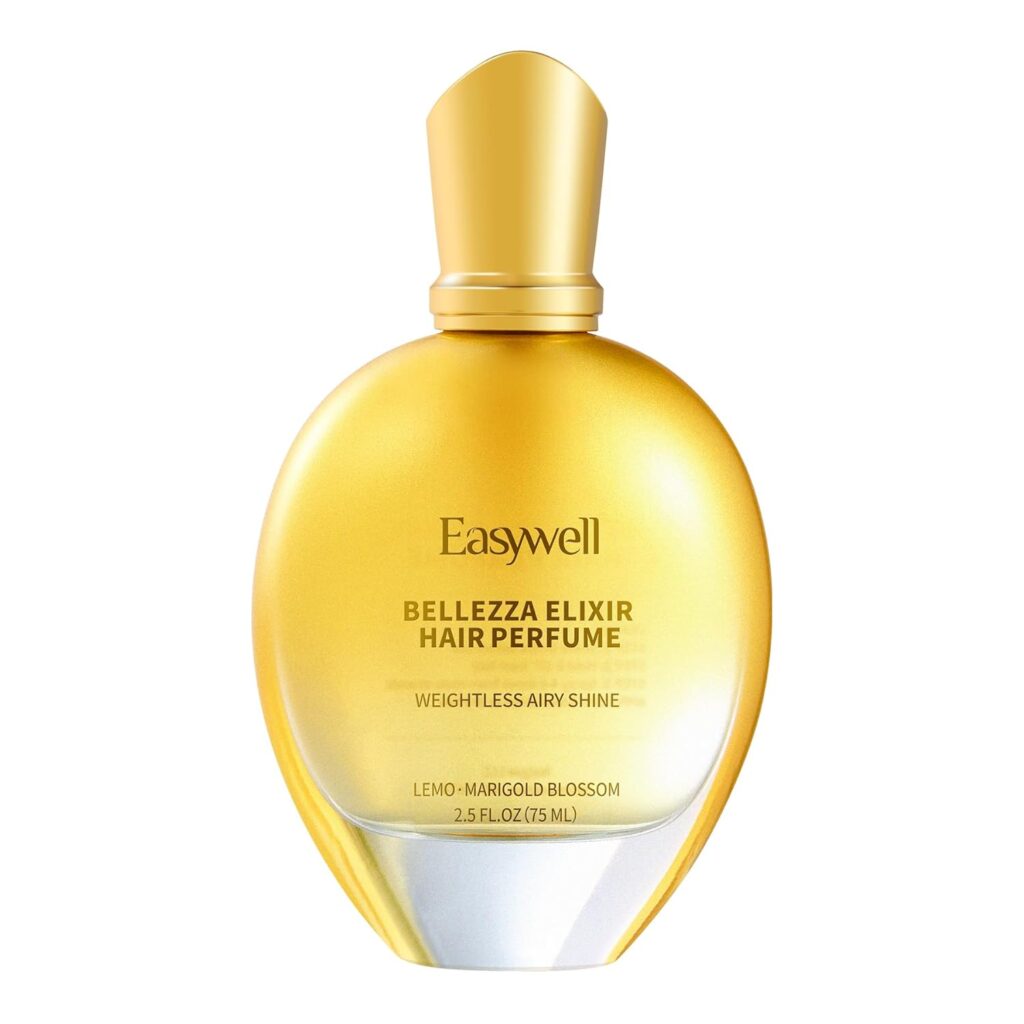A gold and clear bottle of Easywell Bellezza Elixir Hair Perfume, labeled "Weightless Airy Shine," with lemon and marigold blossom scent, 2.5 fl oz (75 mL).