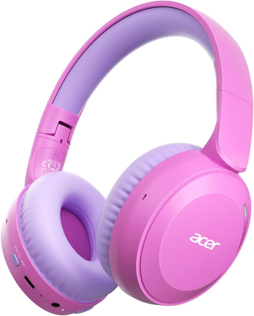 A pair of over-ear Acer headphones in bright pink and lavender colors, featuring cushioned ear pads and headband, with control buttons and charging port visible on the earcup.