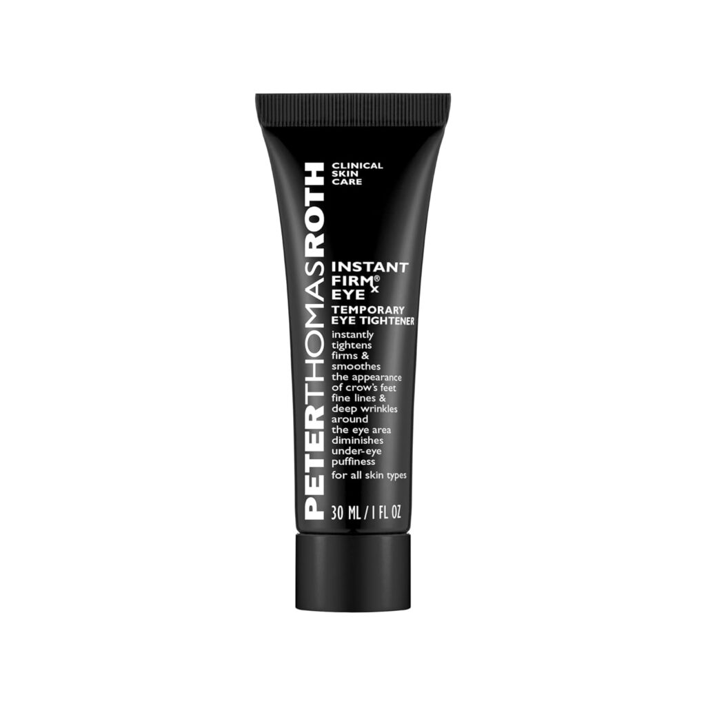 A black tube labeled "Peter Thomas Roth Instant FIRMx Eye Temporary Eye Tightener," known for tightening, firming, and smoothing fine lines, wrinkles, and puffiness; 30 ml size—perfect to grab during Tuesday Deals.