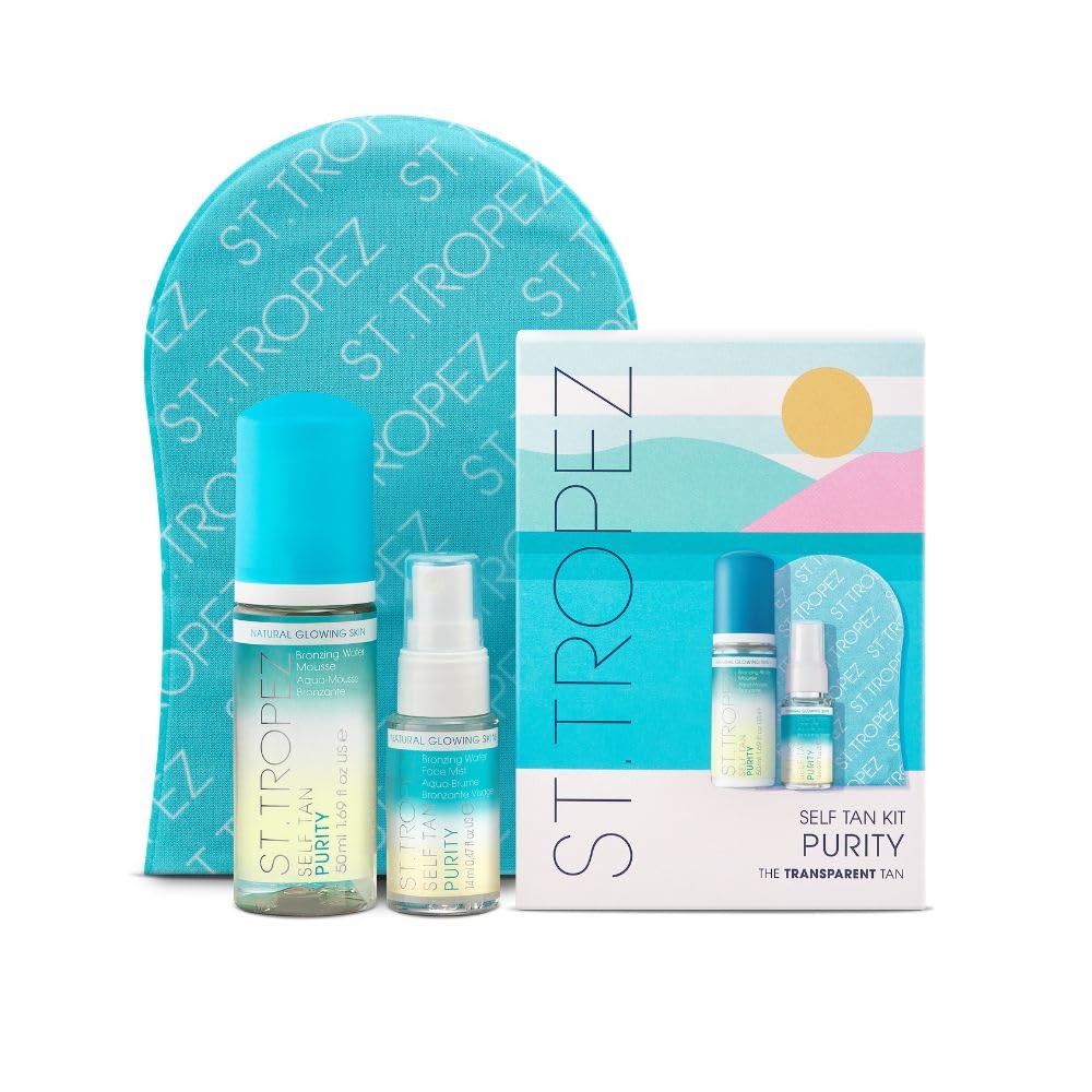 St. Tropez Self Tan Kit featuring a tanning mitt, two bottles of tanning products, and a colorful sunrise box with "SELF TAN KIT PURITY" on the front—perfect for glowing skin and available now with special Friday Deals!.