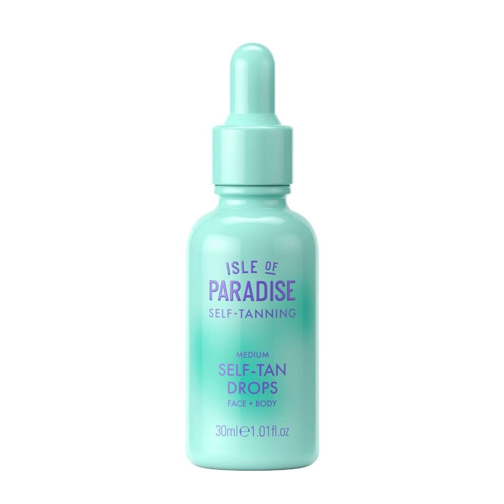 A light turquoise bottle labeled "Isle of Paradise Self-Tanning Medium Self-Tan Drops Face + Body" with a dropper cap, 30ml size—perfect for glowing skin and even better during Wednesday Deals.