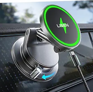 A close-up of a LISEN Magsafe Car Mount Charger on a car window, featuring a green LED ring and connected cable, with a suction cup base and adjustment arm for secure mounting and convenient charging.