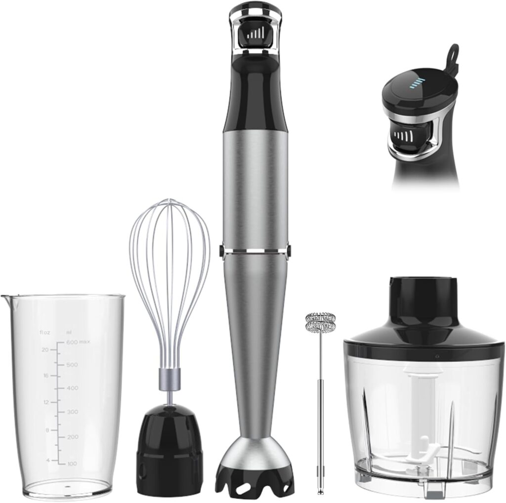 A stainless steel hand blender set with attachments, including a measuring cup, whisk, frother, chopper bowl with lid, and a close-up of the motor unit—all arranged on a white background. Perfect for kitchen upgrades and Tuesday Deals.
