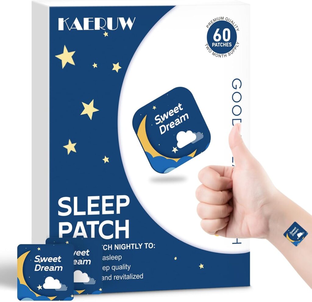 A box of KAERUW Sleep Patch with 60 patches is shown. The box is white and blue with stars and a cloud design. A hand gives a thumbs up, wearing a “Sweet Dream” sleep patch on the back of the hand.