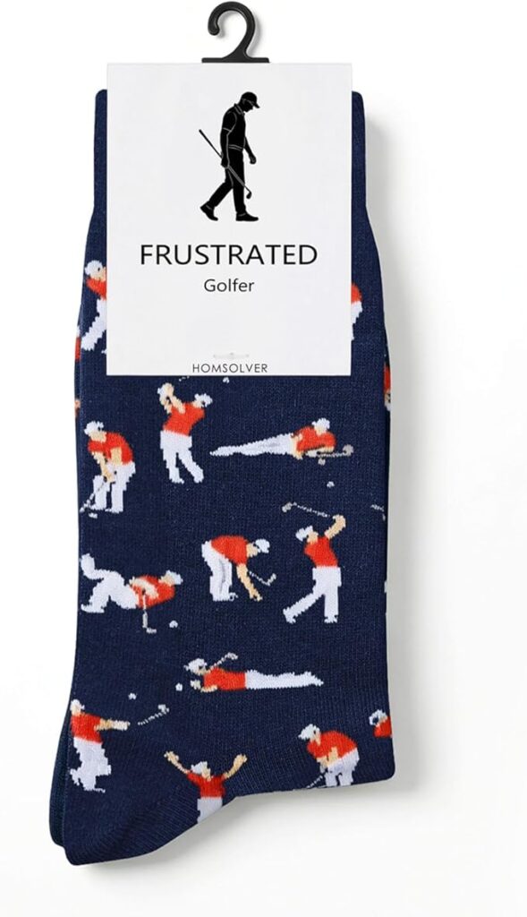 A pair of navy blue socks with cartoon images of a frustrated golfer in various poses, perfect for golf lovers. The packaging label reads "Frustrated Golfer" with a golfer silhouette above the text. Great for gifting or grabbing on Tuesday Deals!.