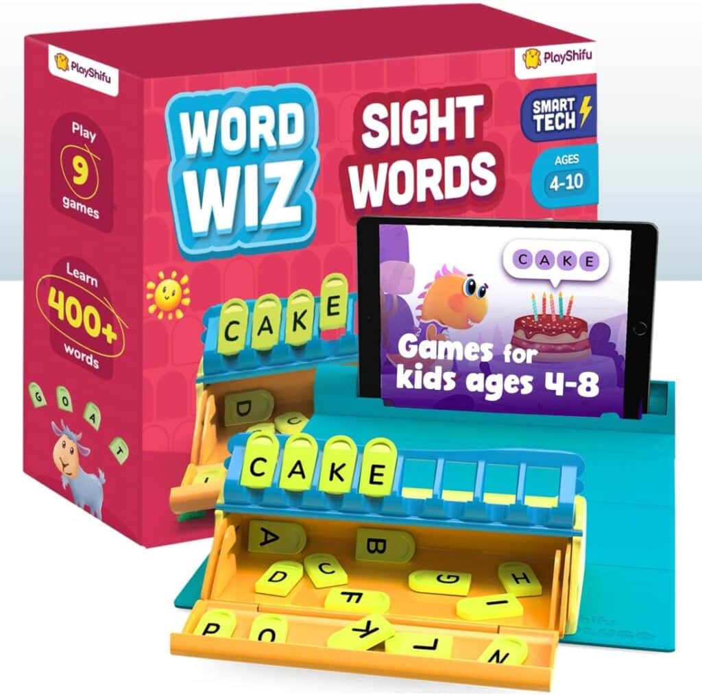 PlayShifu Word Wiz Sight Words game set for ages 4-10. Includes tile holder, yellow tiles, and a tablet with "CAKE" and a cartoon cake. Fun games for kids ages 4-8—now available at a huge discount, up to 74% off!.