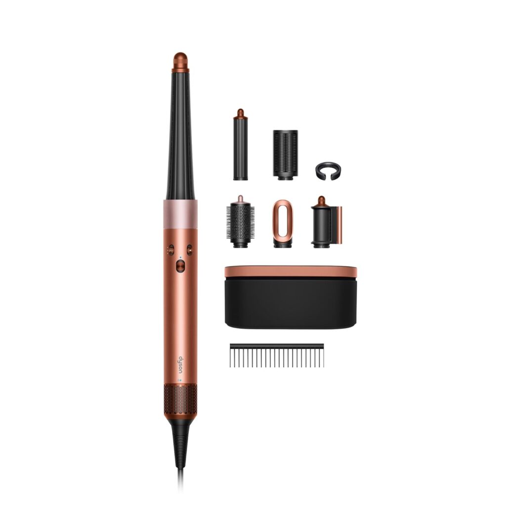 A copper and black hair styling tool set with a main device, multiple interchangeable attachments, a storage case, and a comb—all neatly arranged on a white background. Perfect for elevating your look with exclusive Tuesday Deals.
