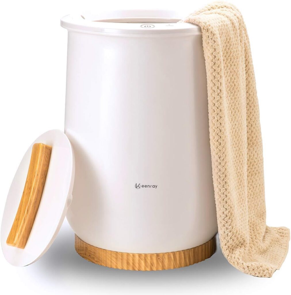 A white foot spa bucket with a wooden base and handle. A beige textured towel is draped over the rim, and the lid with a matching wooden handle rests against the bucket. The brand name "Wenray" appears on the bucket.