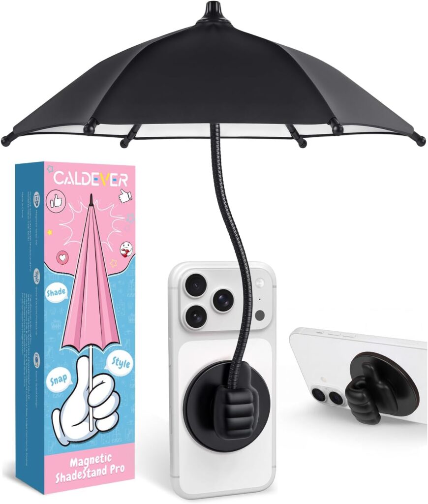 A small black umbrella attached to the back of a white smartphone using a magnetic, hand-shaped stand; the product box, with cartoon graphics and branding, sits beside the phone. Perfect for Tuesday Deals!.