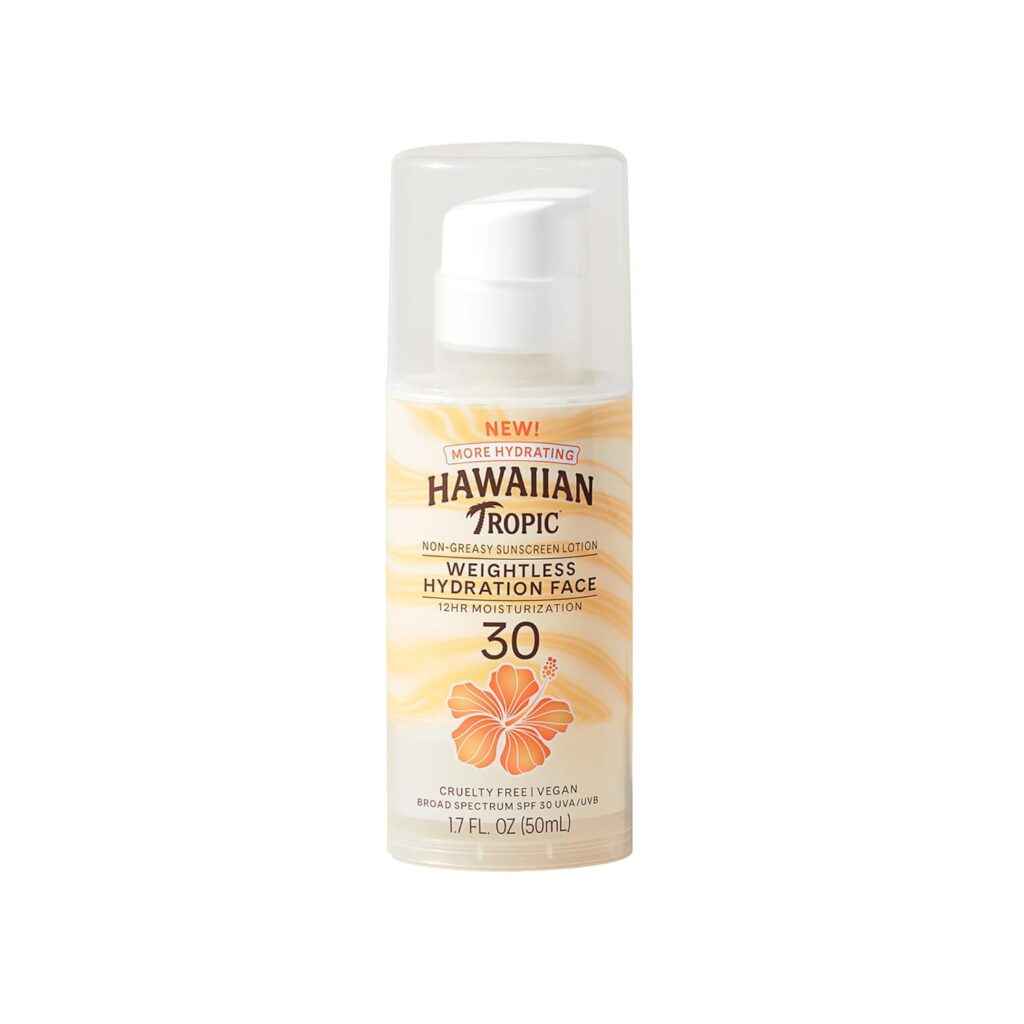A bottle of Hawaiian Tropic Weightless Hydration Face sunscreen SPF 30, featuring an orange hibiscus flower and a clear plastic pump, 1.7 fl oz (50 mL)—a perfect pick for Friday Deals!.