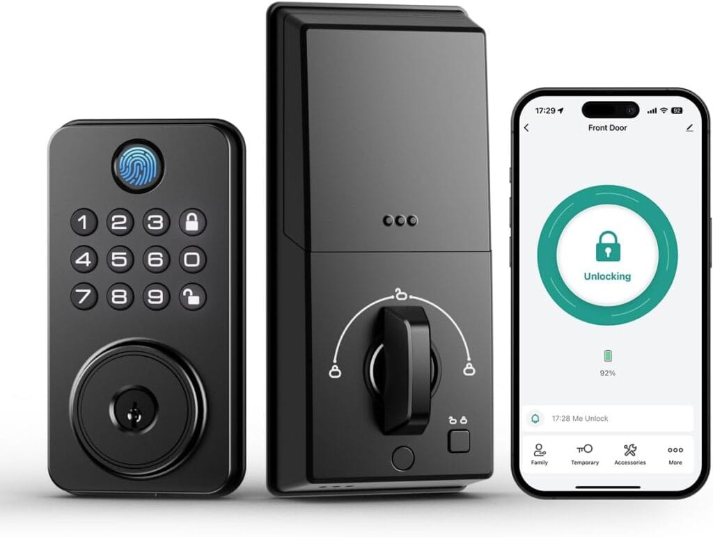 A smart door lock system with a keypad and fingerprint scanner, rear lock mechanism, and a smartphone app unlocking the door—perfect for securing your home with exclusive Monday Deals.