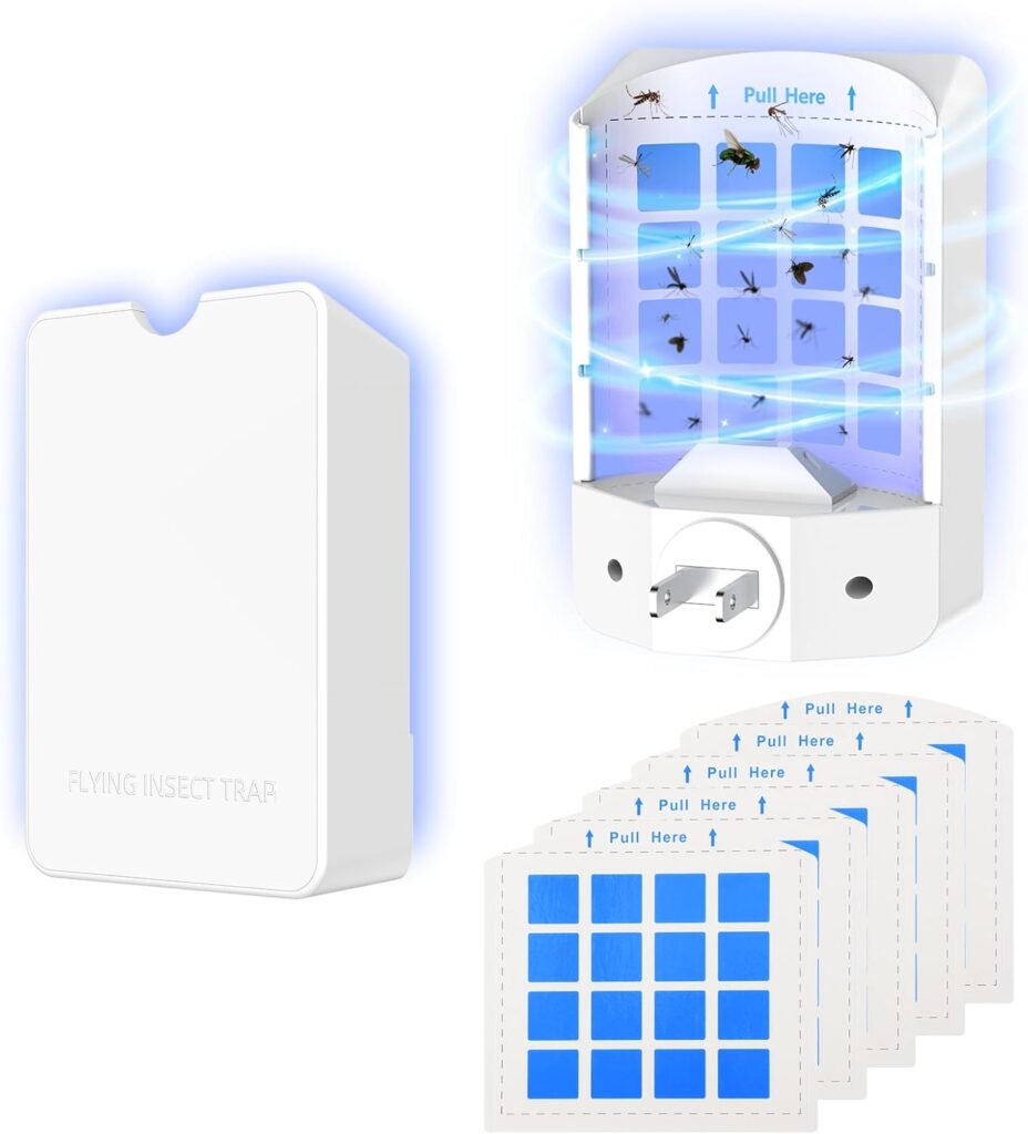 A white plug-in flying insect trap with a cover and blue sticky pads, perfect for Monday Deals. The device attracts and traps various flying insects. Five replacement sticky pads are shown in front, with blue light accents indicating attraction.