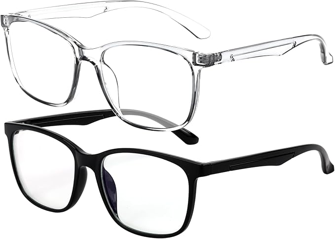 Two pairs of eyeglasses, one with clear frames and one with black frames, are displayed on a white background. Both have rectangular lenses and similar shapes—perfect picks for your Tuesday Deals shopping spree.