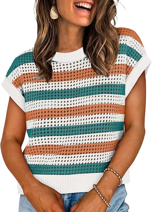 A woman wearing a short-sleeve, knit top with horizontal stripes in green, orange, and white. The perforated, see-through pattern adds charm. She's smiling with loose wavy hair—perfect for showing off earrings and bracelets. Shop Tuesday Deals now!.