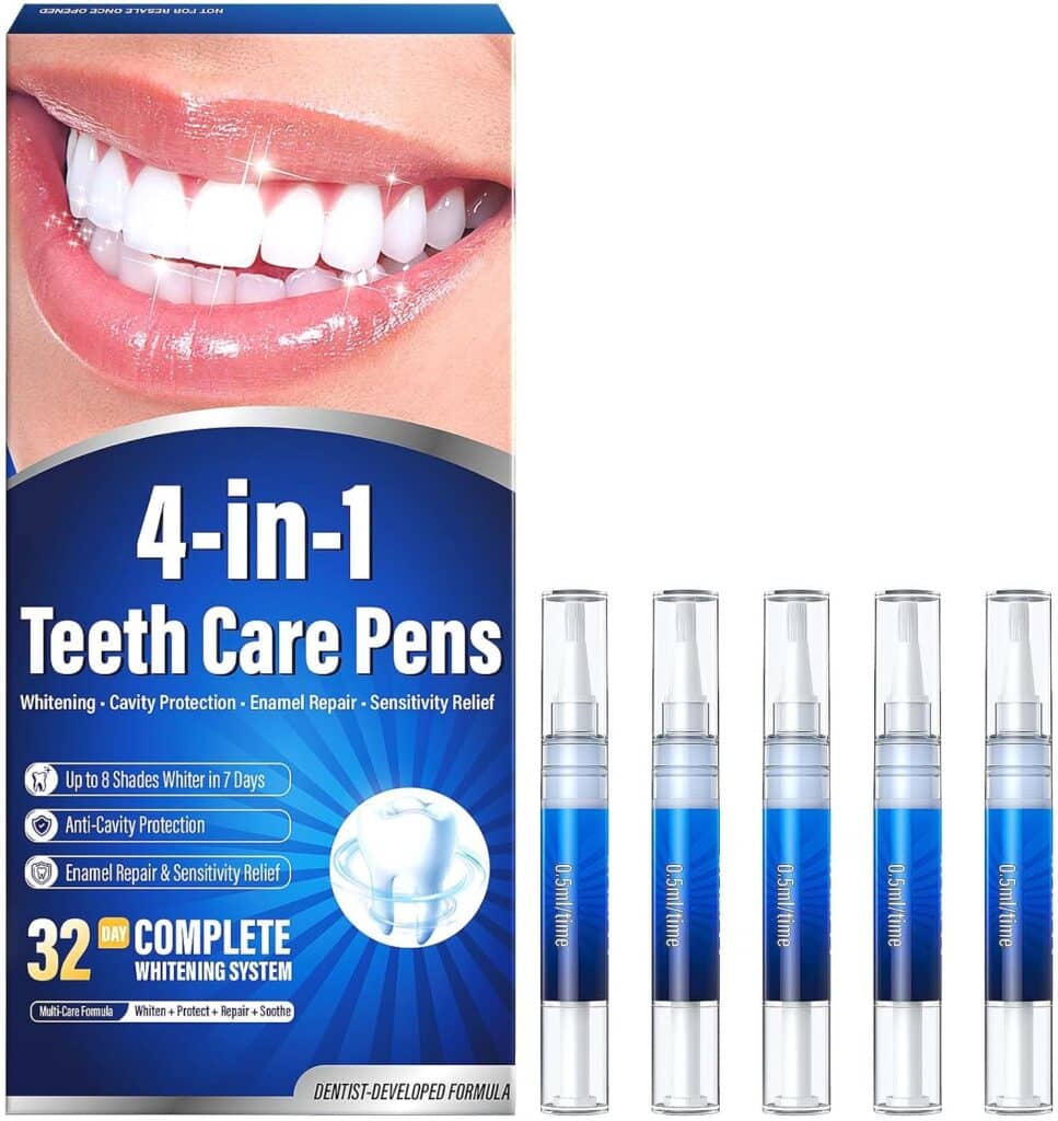 A box labeled "4-in-1 Teeth Care Pens" with four transparent whitening pens beside it. The box highlights whitening, cavity protection, enamel repair, and sensitivity relief—perfect for stocking up during Tuesday Deals.