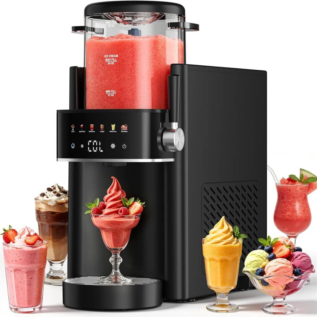 A sleek black ice cream and smoothie maker with a digital display, dispensing pink frozen dessert into a glass. Surrounding it are glasses filled with various colorful ice creams, smoothies, and garnished drinks.