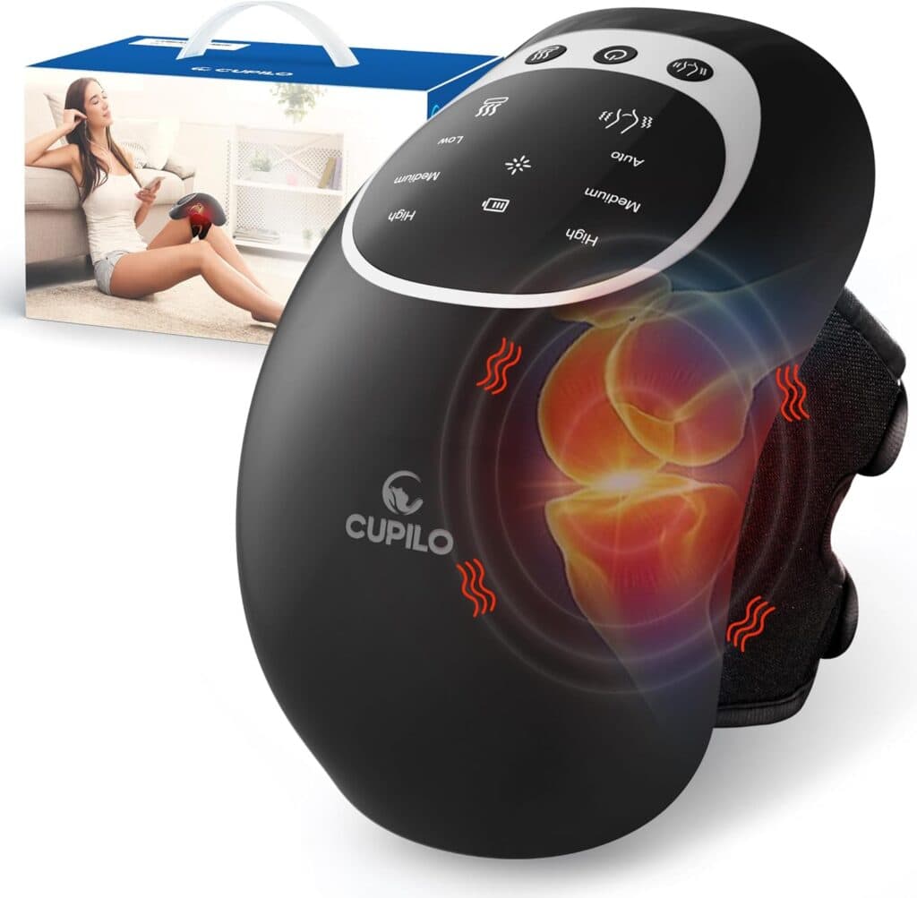 A black Cupilo knee massager with digital controls is shown in the foreground. In the background, a woman uses the device on her knee while sitting on the floor, next to its packaging box—perfect for Monday Deals savings.