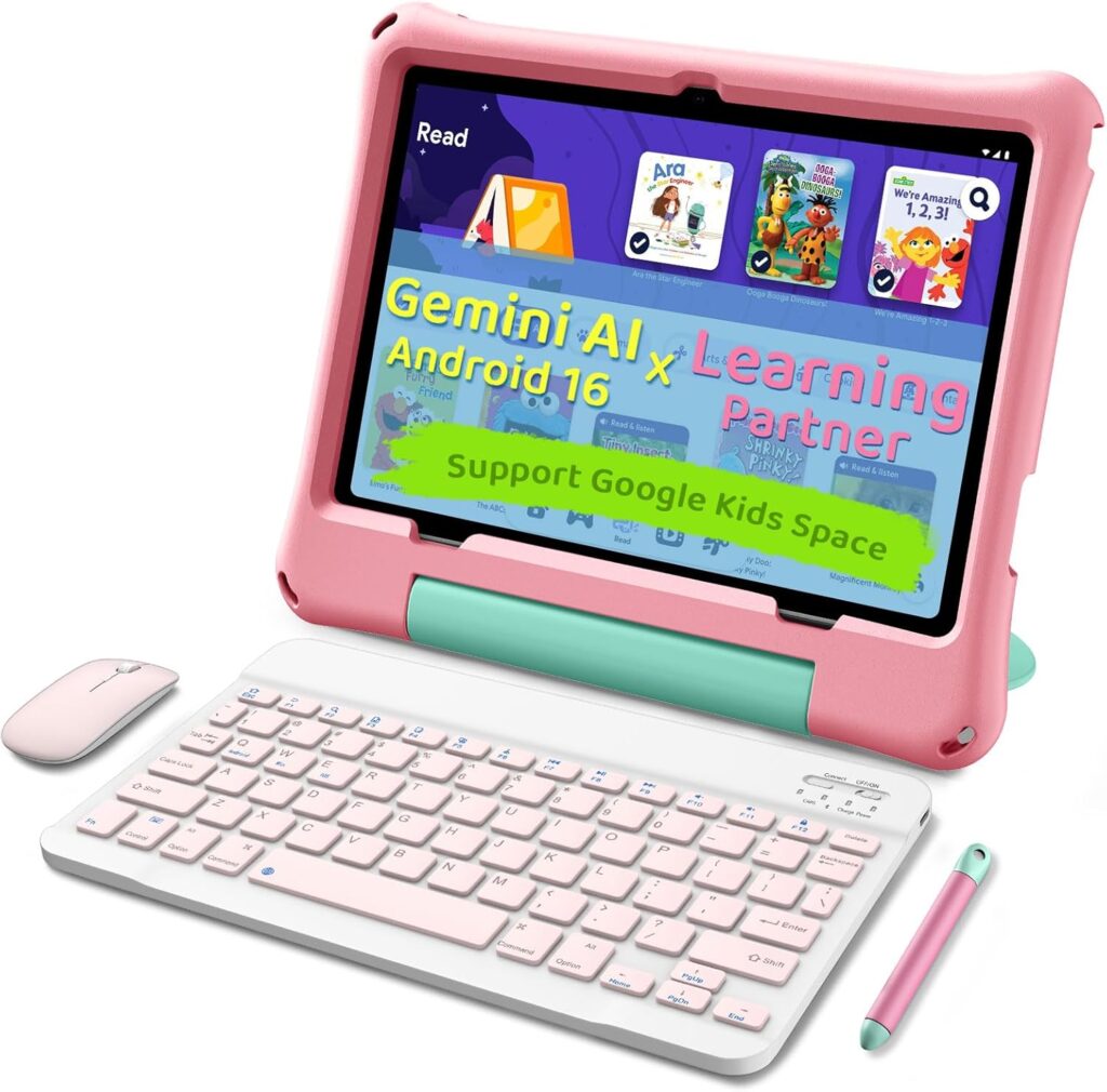 A pink and white kids’ tablet with a keyboard, mouse, and stylus. The screen displays colorful educational apps, with text promoting Gemini AI, Android 16, Google Kids Space, and learning features.