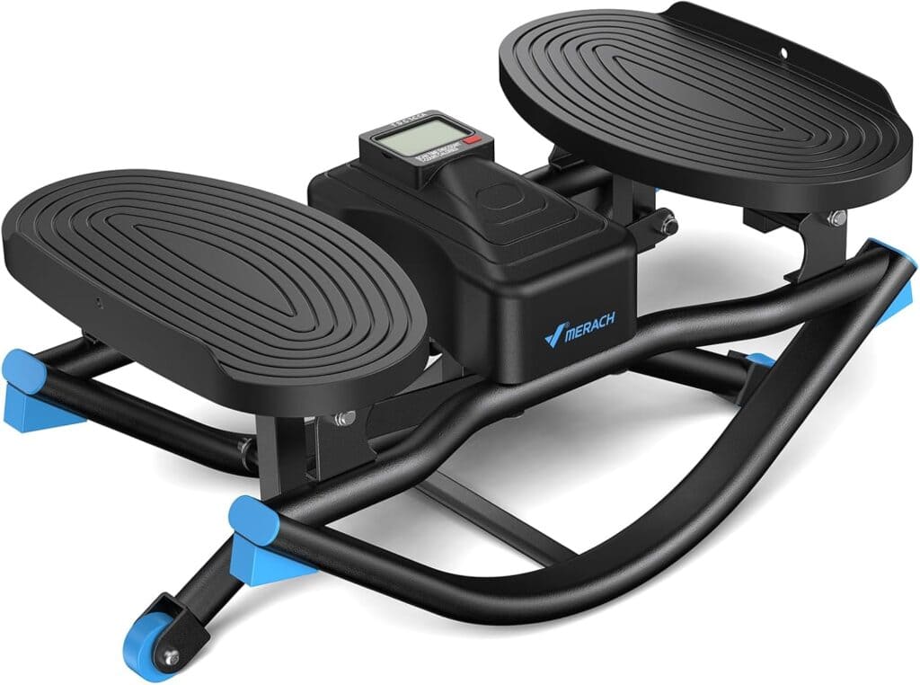 A compact black and blue mini elliptical stepper with large textured foot pedals, a digital display screen, and a sturdy metal frame, suitable for home exercise.