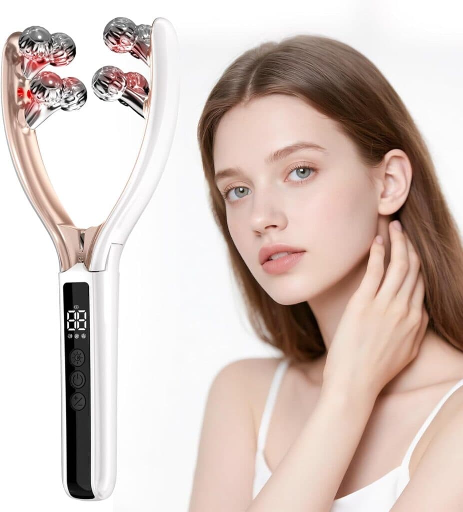 A young woman with fair skin and straight light brown hair touches her neck while posing next to a handheld beauty device with four metal massage rollers and an LED display.