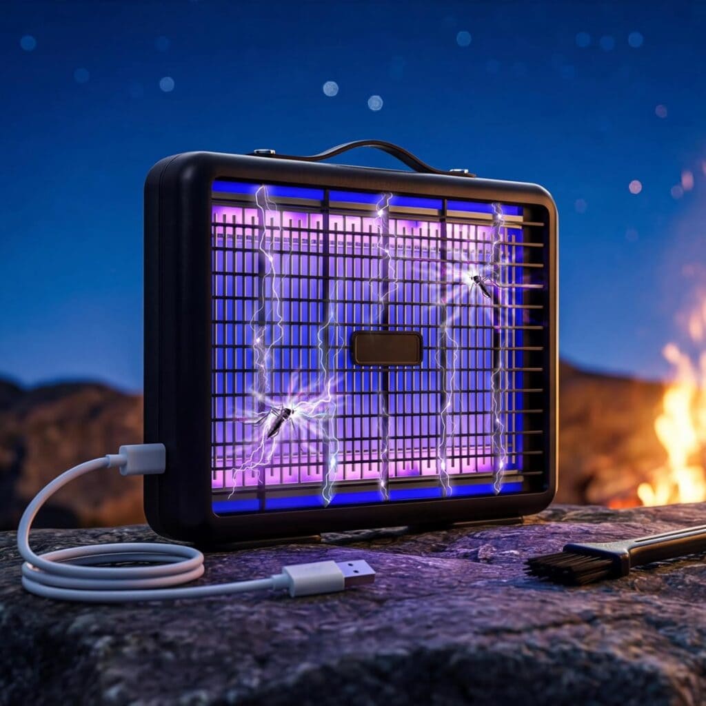 A portable electric bug zapper with a purple glow and USB cable sits on a stone surface outdoors at night, with a campfire and rocky landscape in the background.