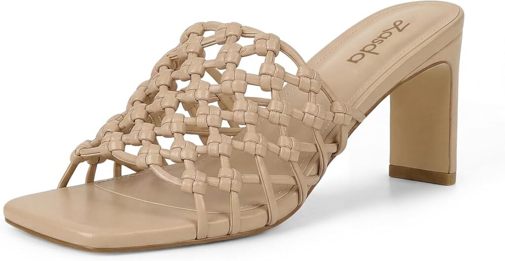 A beige heeled sandal with a square toe and an open, woven strap design across the front. The block-style heel and branded insole make it perfect for Tuesday Deals shopping or stepping out in style.