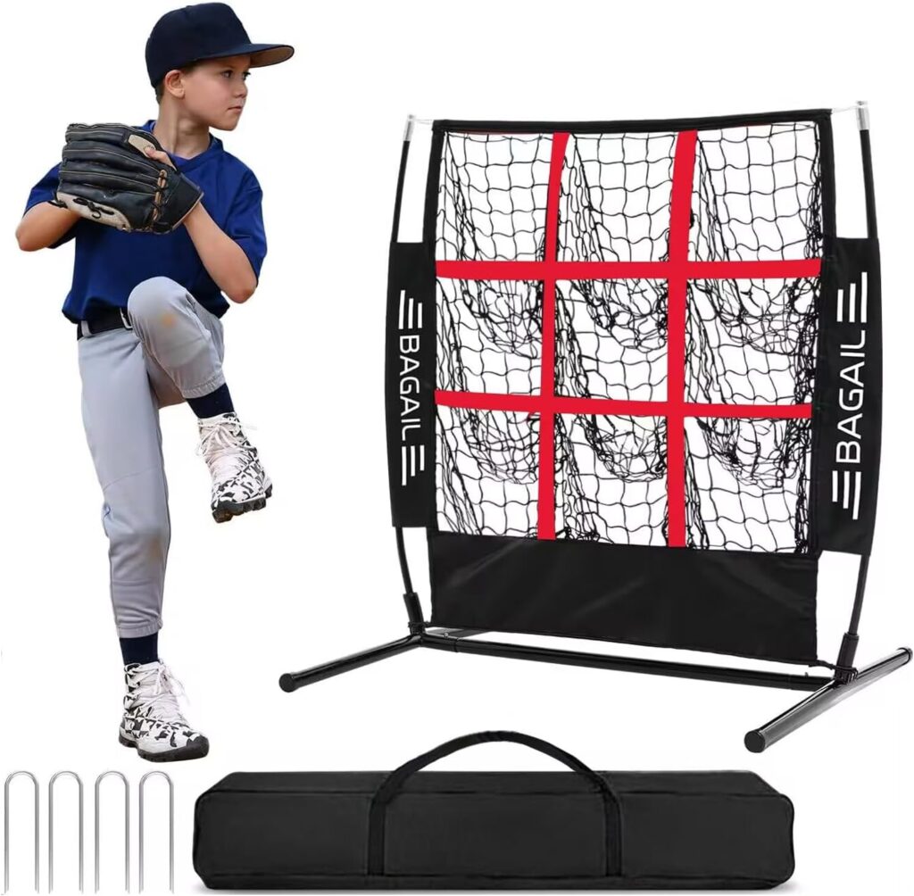 A young boy in a baseball uniform winds up to throw a pitch toward a black and red practice net. Perfect for honing skills, this set—with metal stakes and a black carrying bag—is ideal for snagging on Tuesday Deals.