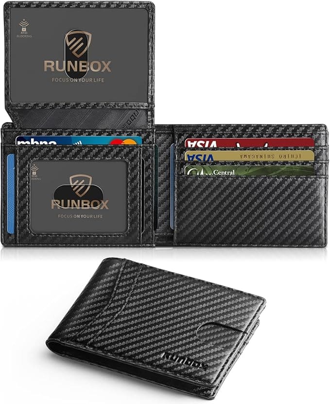 A black carbon fiber wallet is shown open, displaying multiple card slots filled with various cards. The wallet has a Runbox logo and another view of the wallet closed is placed below.