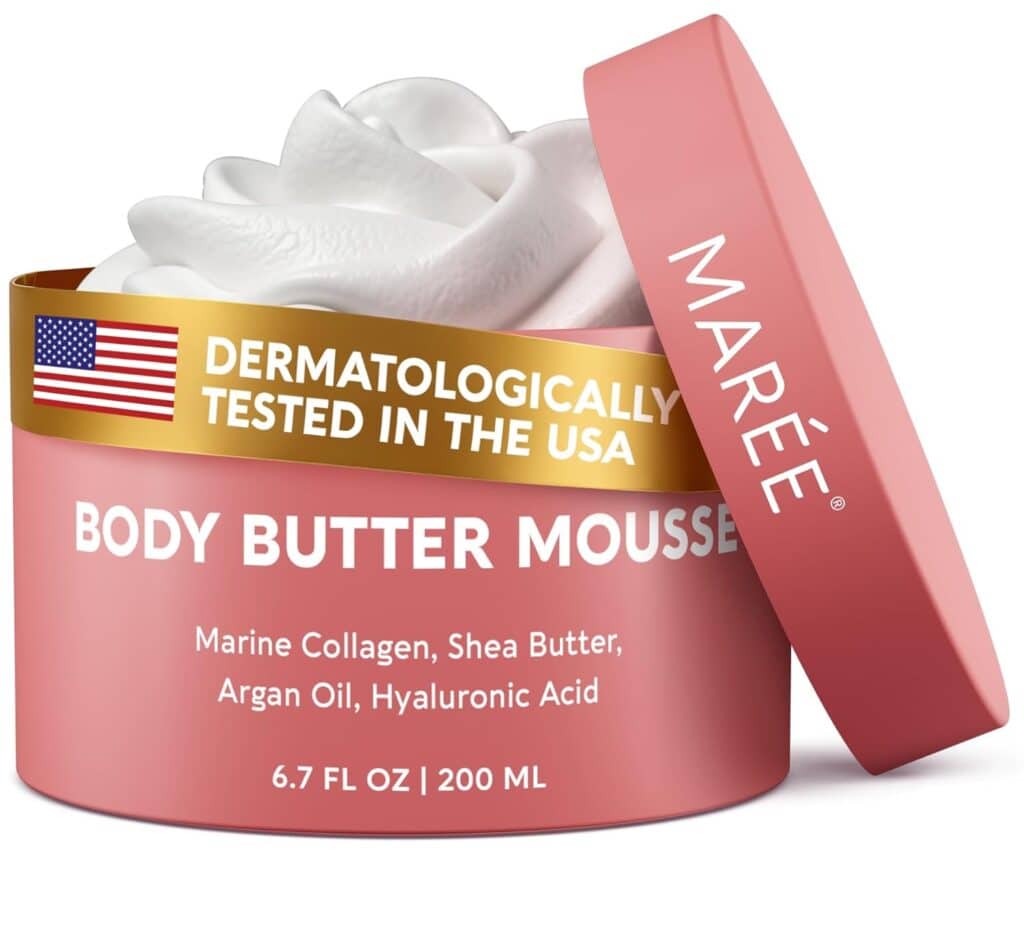 Pink container of MARÉE Body Butter Mousse with a swirl of white cream inside, labeled with key ingredients—marine collagen, shea butter, argan oil, hyaluronic acid—and an American flag indicating dermatological testing.