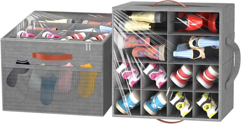 Two gray fabric shoe storage boxes with clear plastic covers, each divided into compartments holding various pairs of shoes. One box is partially closed and the other is open, showing Monday Deals on shoes neatly organized inside.