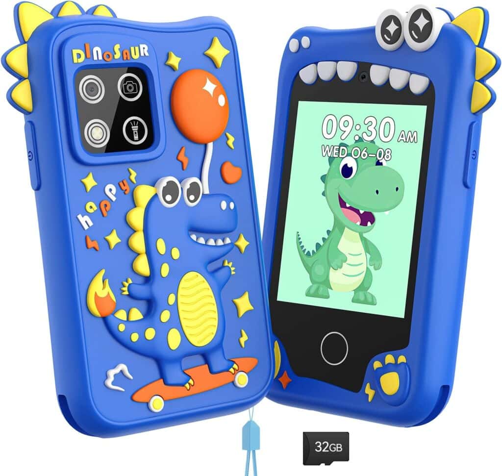 Two blue toy cameras designed for kids, featuring cute dinosaur designs, cartoon eyes, stars, and buttons. One screen displays a friendly green dinosaur cartoon and the time 09:30 AM, Wednesday, 06-08.