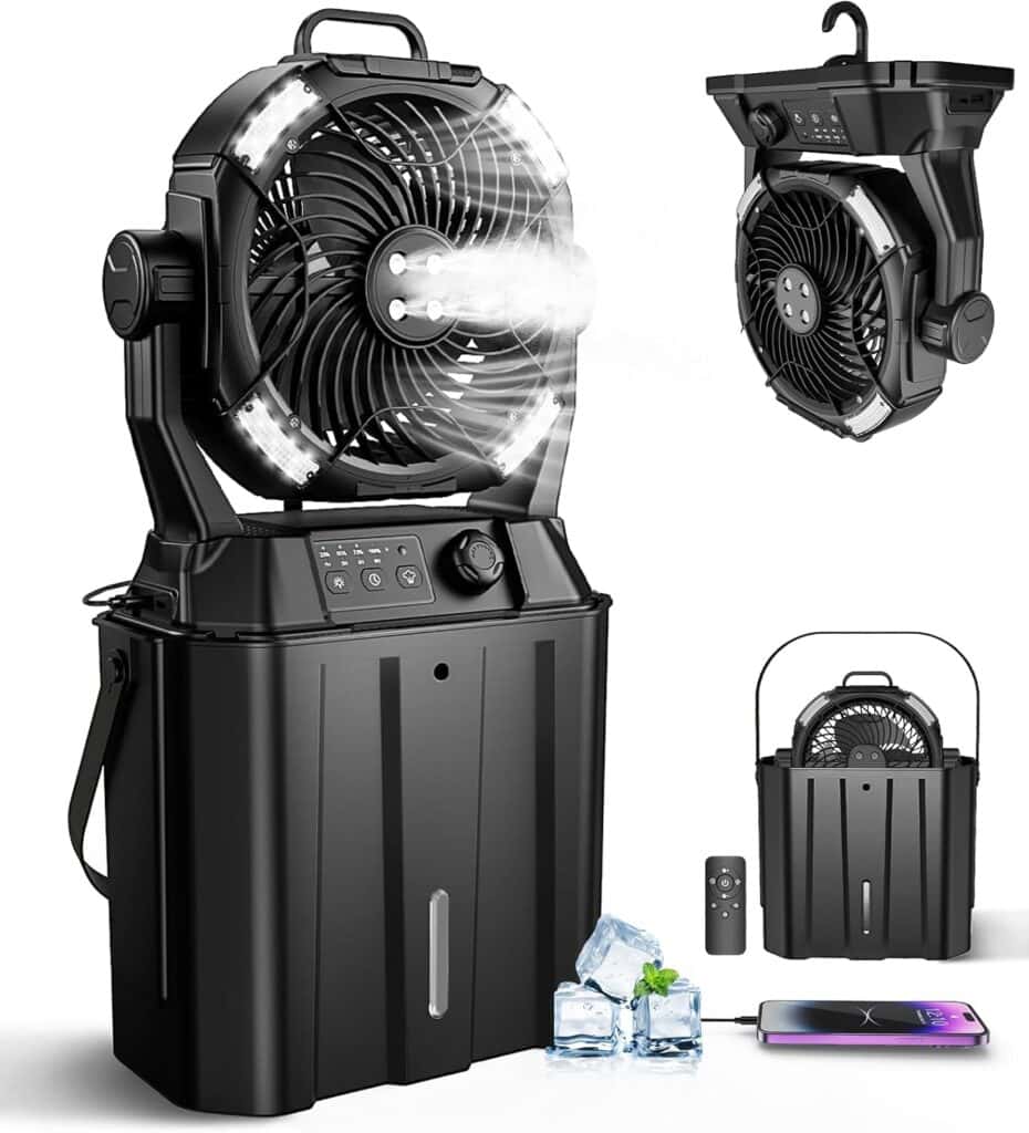 Black portable misting fan with LED display, remote control, large water tank, and USB port for charging devices. Shown with mist, ice cubes, and as a folded version with hanging hook—perfect for grabbing during special Tuesday Deals!.