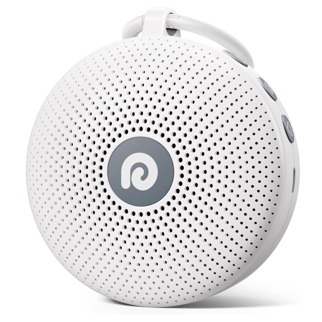 A round, white portable Bluetooth speaker featuring a perforated front panel, side control buttons, and a built-in carrying loop at the top—perfect for those Monday Deals you won't want to miss.