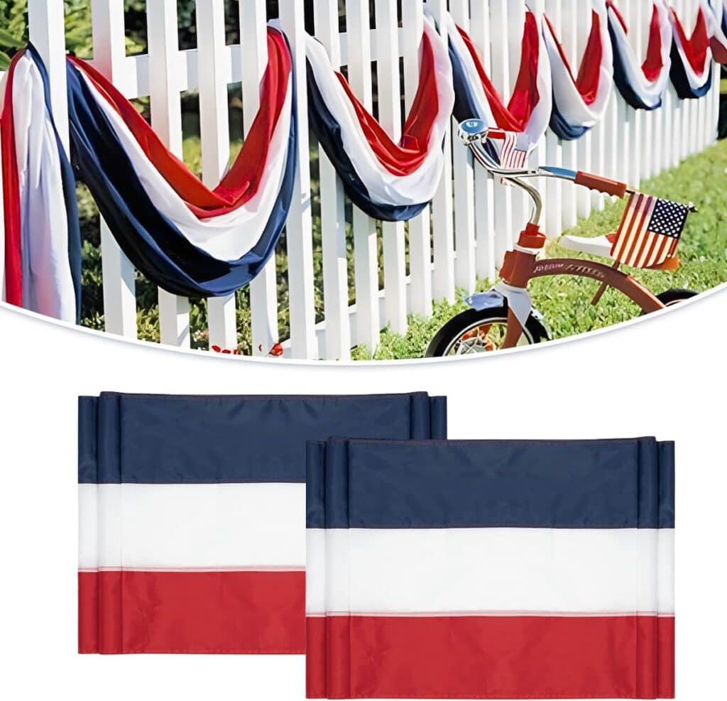 Patriotic red, white, and blue bunting hangs on a white picket fence, with a tricycle decorated with American flags nearby; two folded buntings are shown below the festive scene—perfect for sprucing up your space before Monday Deals.