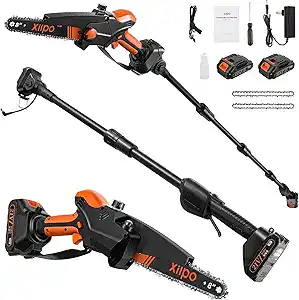 A black and orange electric pole chainsaw with an extendable handle is shown with accessories, including two batteries, a charger, two replacement chains, a small bottle, and a user manual.