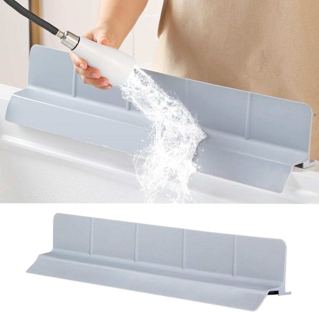 A person sprays water onto a gray flexible splash guard placed on the edge of a sink or counter. Below, the splash guard is shown on its own, highlighting its design and structure—perfect for snagging in the Tuesday Deals event.