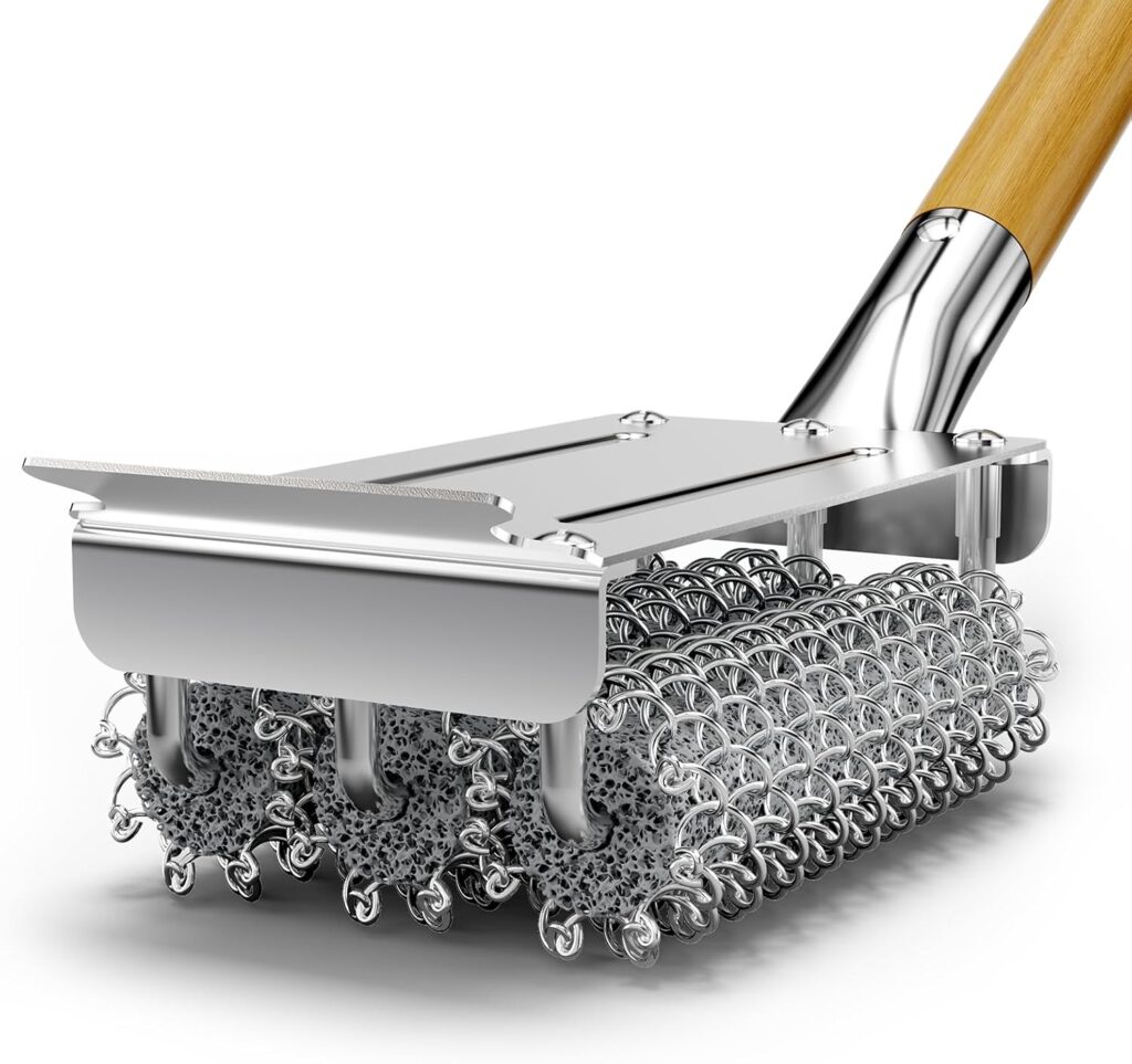 A close-up of a stainless steel grill brush with a wooden handle, featuring three rotating wire bristle rollers for cleaning, is shown against a white background—perfect for snagging in the Monday Deals.