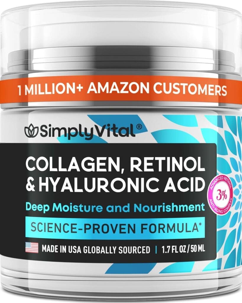 A jar of SimplyVital Anti-Aging Face Moisturizer with Collagen, Retinol & Hyaluronic Acid, featuring deep moisture and nourishment, a science-proven formula, and trusted by over 1 million Amazon customers. Contains 1.7 fl oz (50 ml).