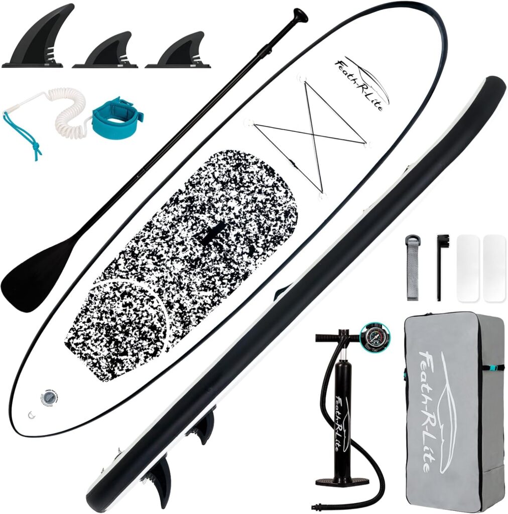 A complete stand up paddleboard kit including an inflatable paddleboard, three detachable fins, a paddle, ankle leash, repair kit, pump, and a carrying bag, all displayed neatly on a white background.
