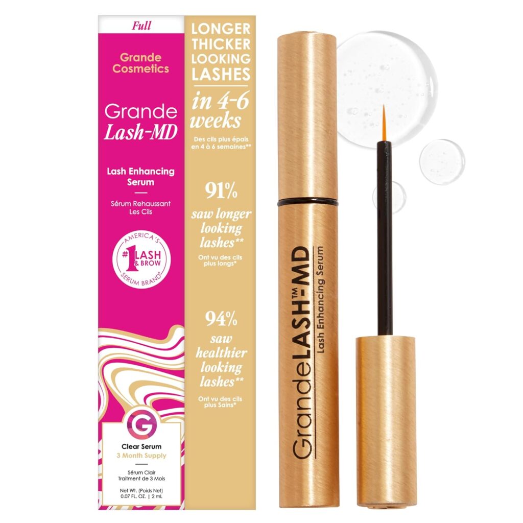 A box and tube of GrandeLASH-MD Lash Enhancing Serum are shown. The packaging highlights claims of longer, thicker lashes in 4–6 weeks, and shows the product's applicator and a clear serum swatch.