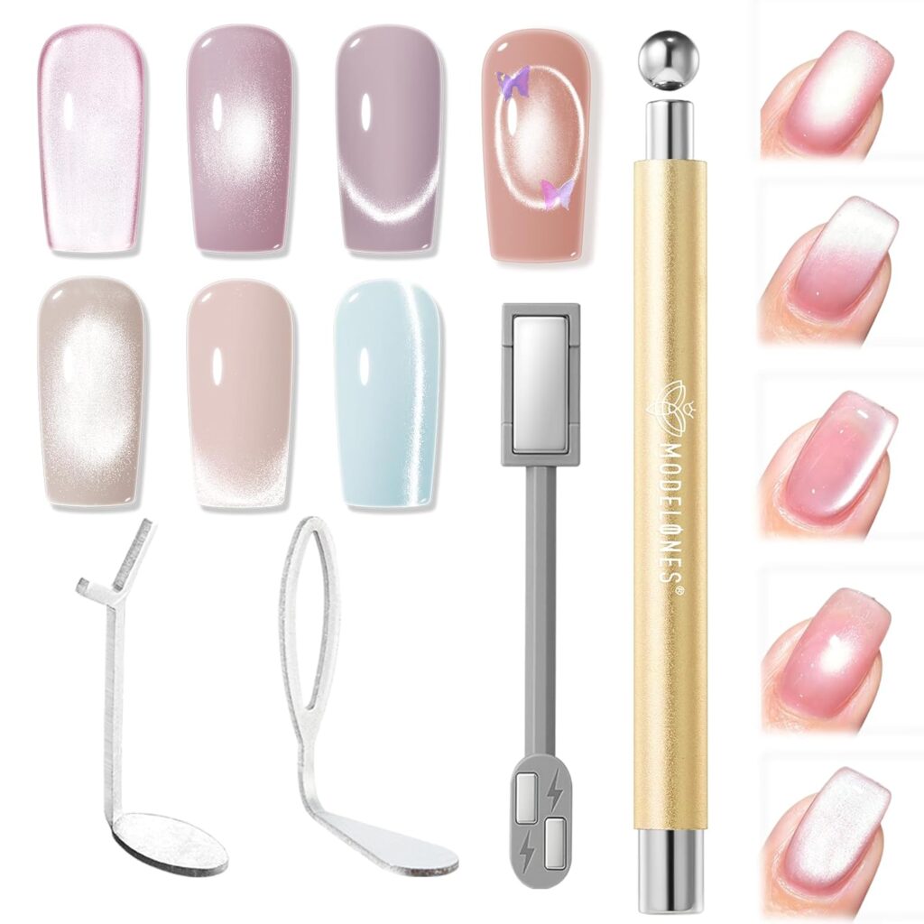 A set of metallic and pastel magnetic nail polishes, nail art magnets, and a magnetic pen tool—perfect for creating shimmery, cat-eye looks in pink, purple, nude, and light blue. Don’t miss these Wednesday Deals for stunning nails!.