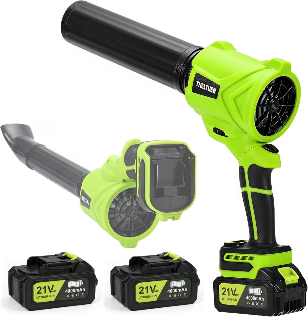 A bright green handheld cordless leaf blower with a black nozzle, shown from different angles. Two 21V 4000mAh rechargeable lithium batteries are also displayed in the foreground.